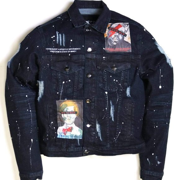 Kleep Biggie Smalls Bowie Warhol Dark Denim Jean Jacket Sz S - Picture 1 of 15